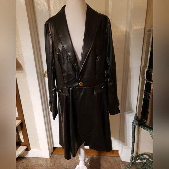 Goth military vegan leather gold detail French trench coat plus size 1X - Picture 1 of 9